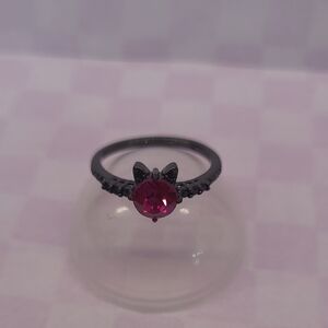 Black Cat Ear Ring with Pink Gem - Size 8